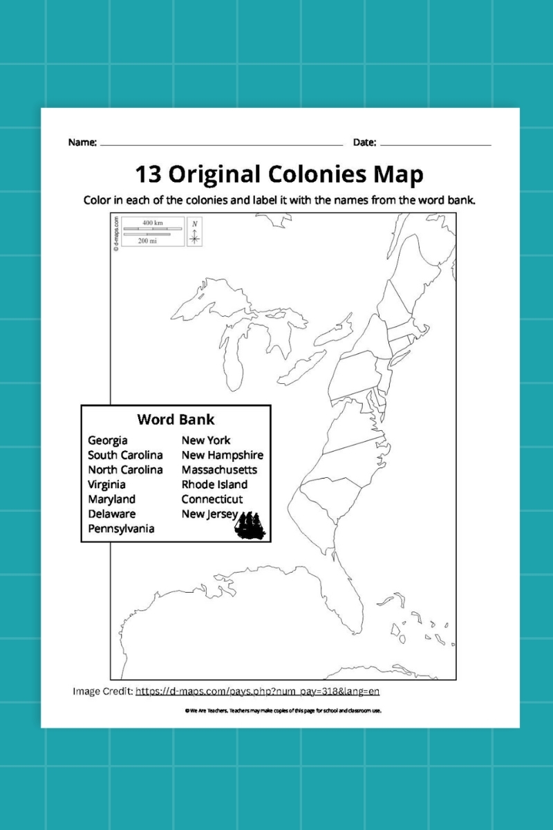 Map Of The Thirteen Colonies Printable
