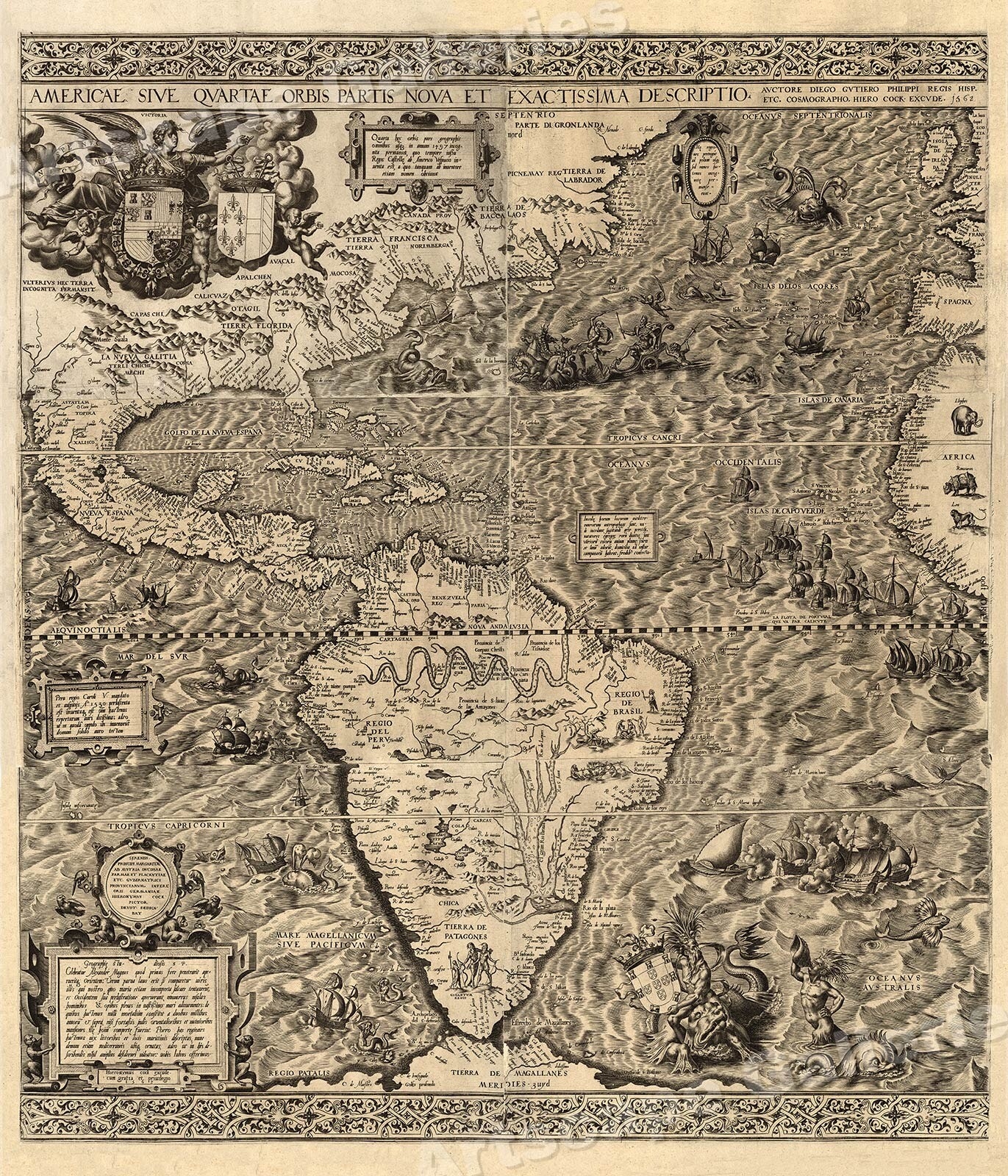 1562 America New World Map Exploration Art Print 24x28 Te Sheshi