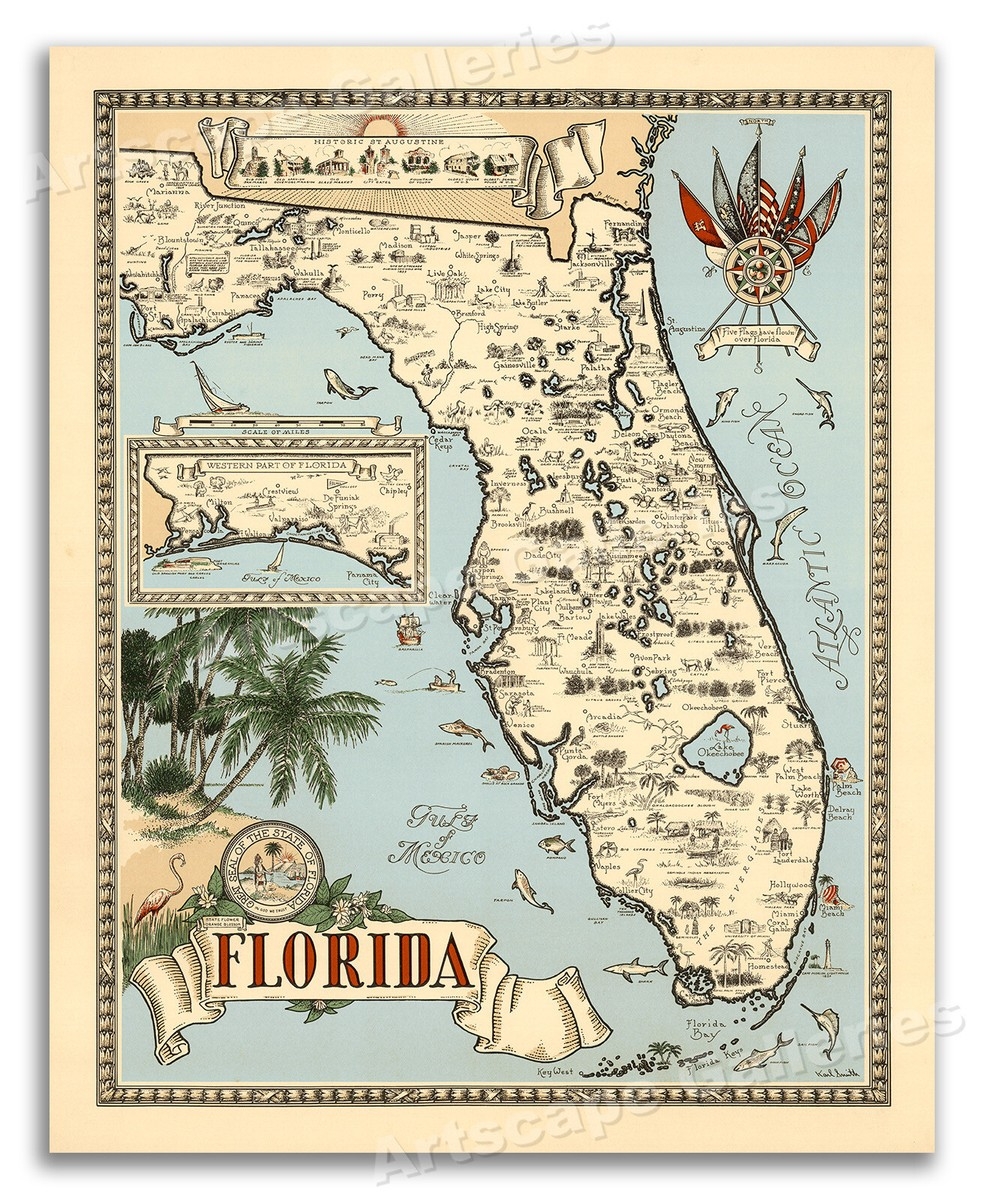 1953 State Of Florida Map Vintage Pictorial Art Print Map 20x24