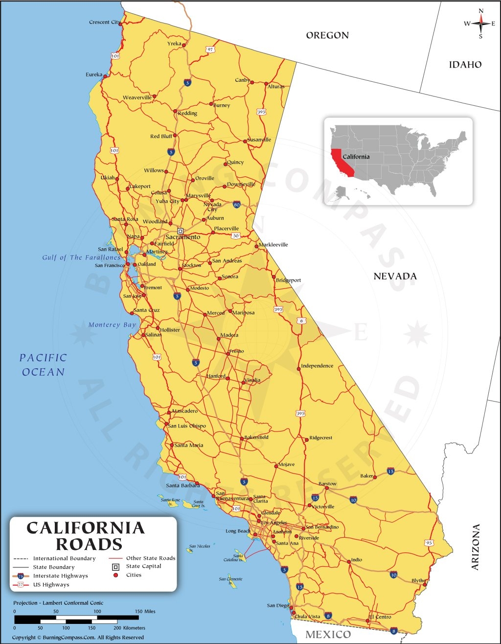 California Road Map With Interstate Highways And US Highways