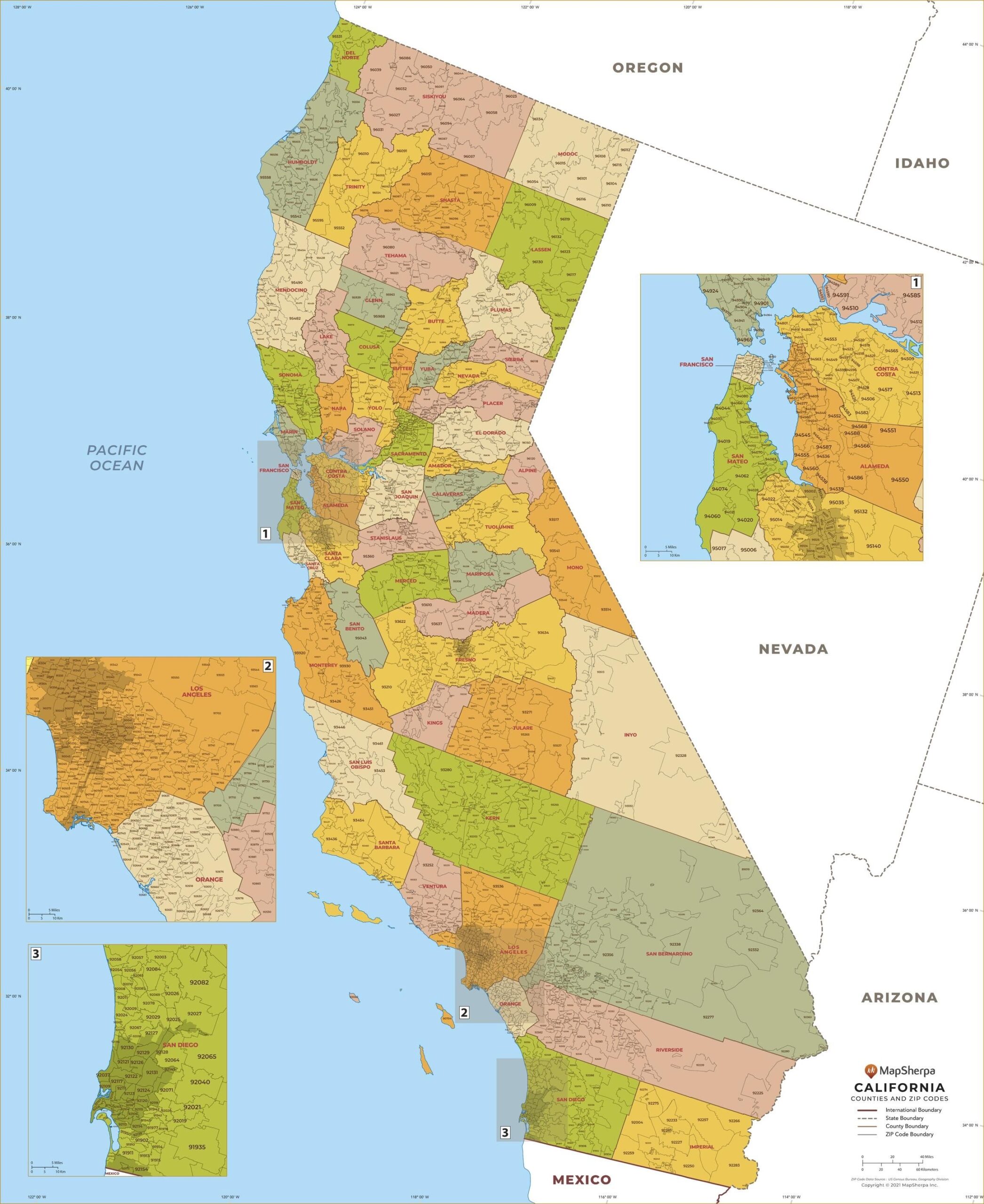 California ZIP Code Map With Counties Large Stanfords