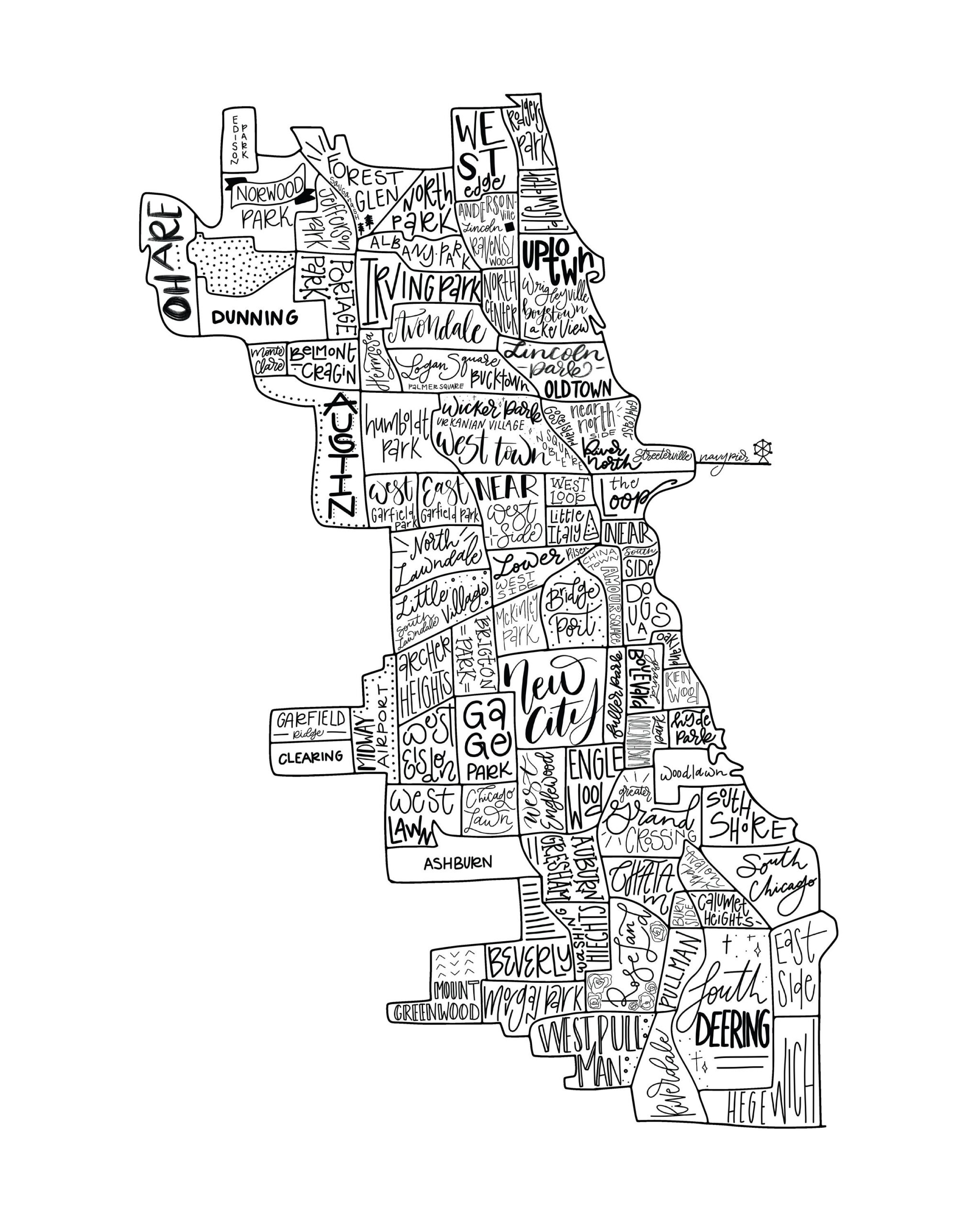Chicago Neighborhood Map Print Chicago Illinois Map 8x10 Chicago Map Hand Lettered Map Chicago Wall Art Chicago Art Print Etsy