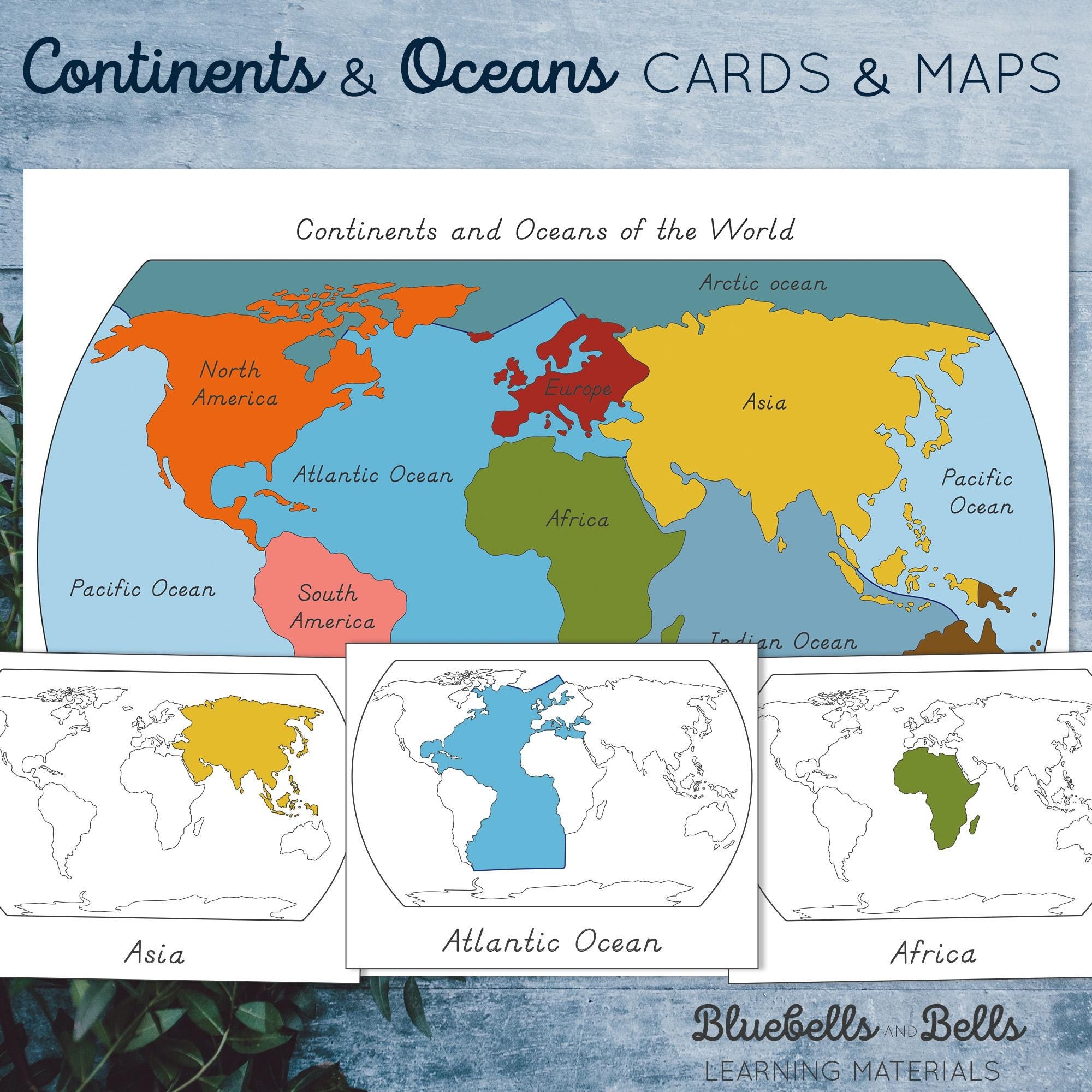 Continents And Oceans Cards And Map Montessori Printable 
