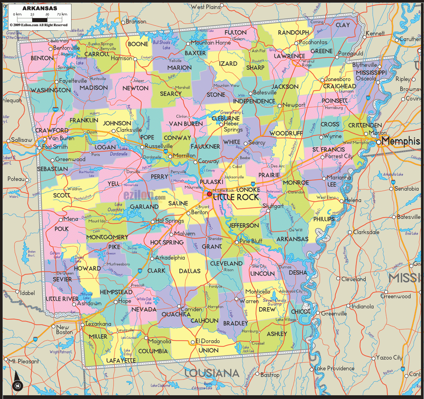 Detailed Map Of Arkansas State Cities Counties And Roads Ezilon 