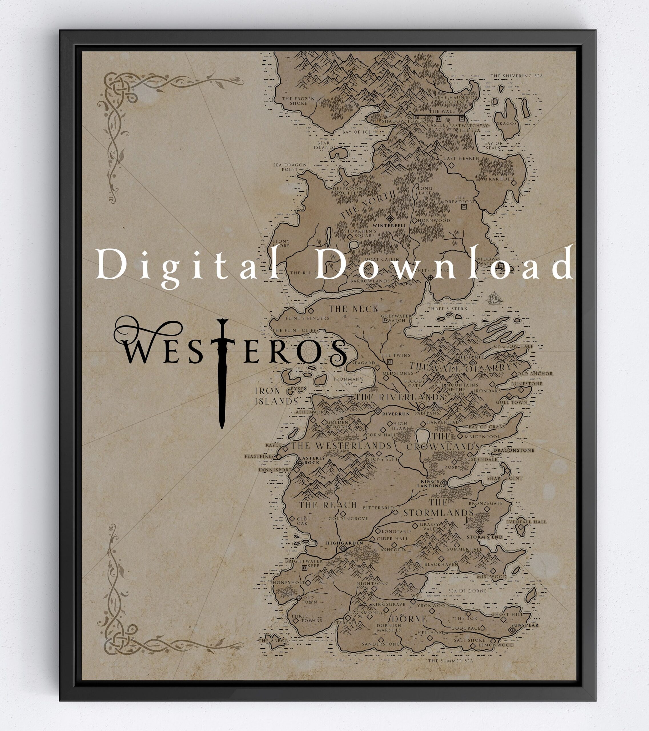 DIGITAL DOWNLOAD Game Of Thrones Westeros Map Vintage Paper Style 11x14