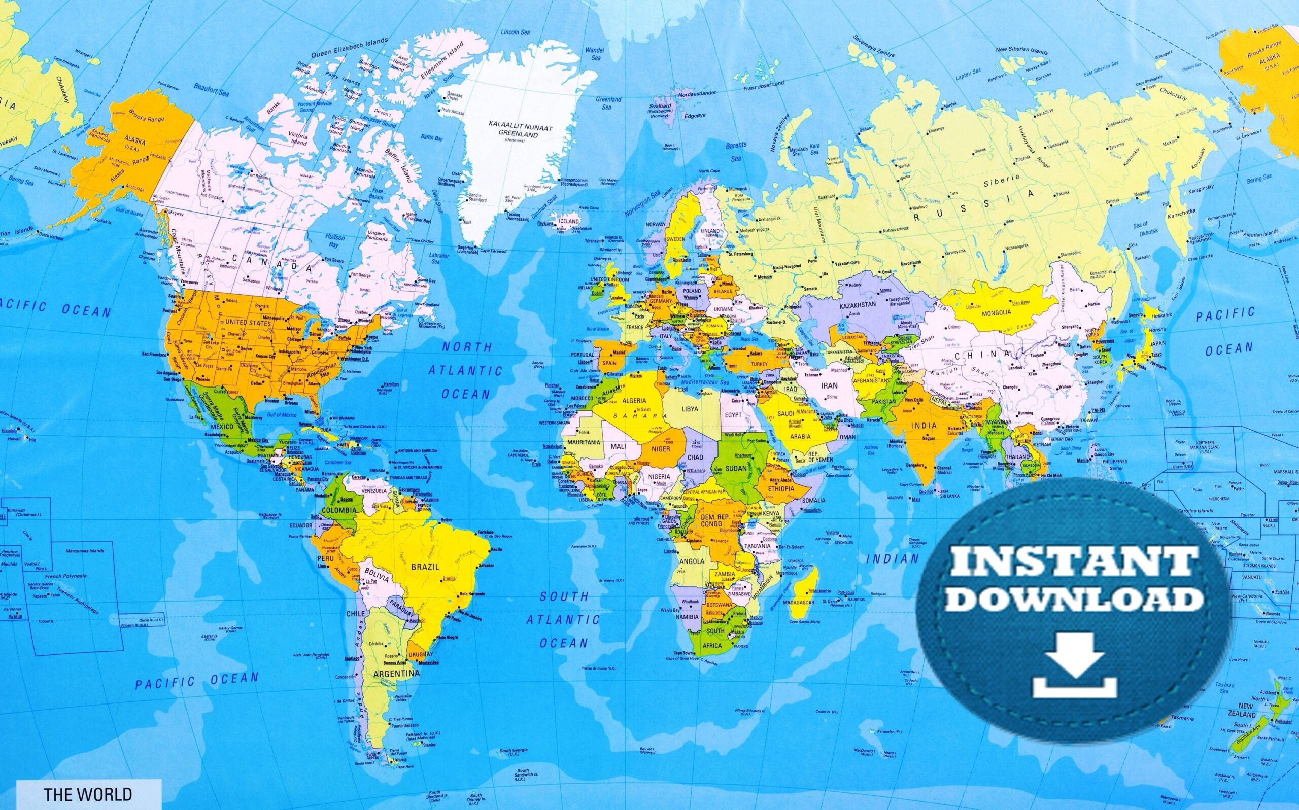 Digital Modern Bright Blue Oceans Political World Map Printable Download Weltkarte Poster World Map Country World Map School World Map Etsy