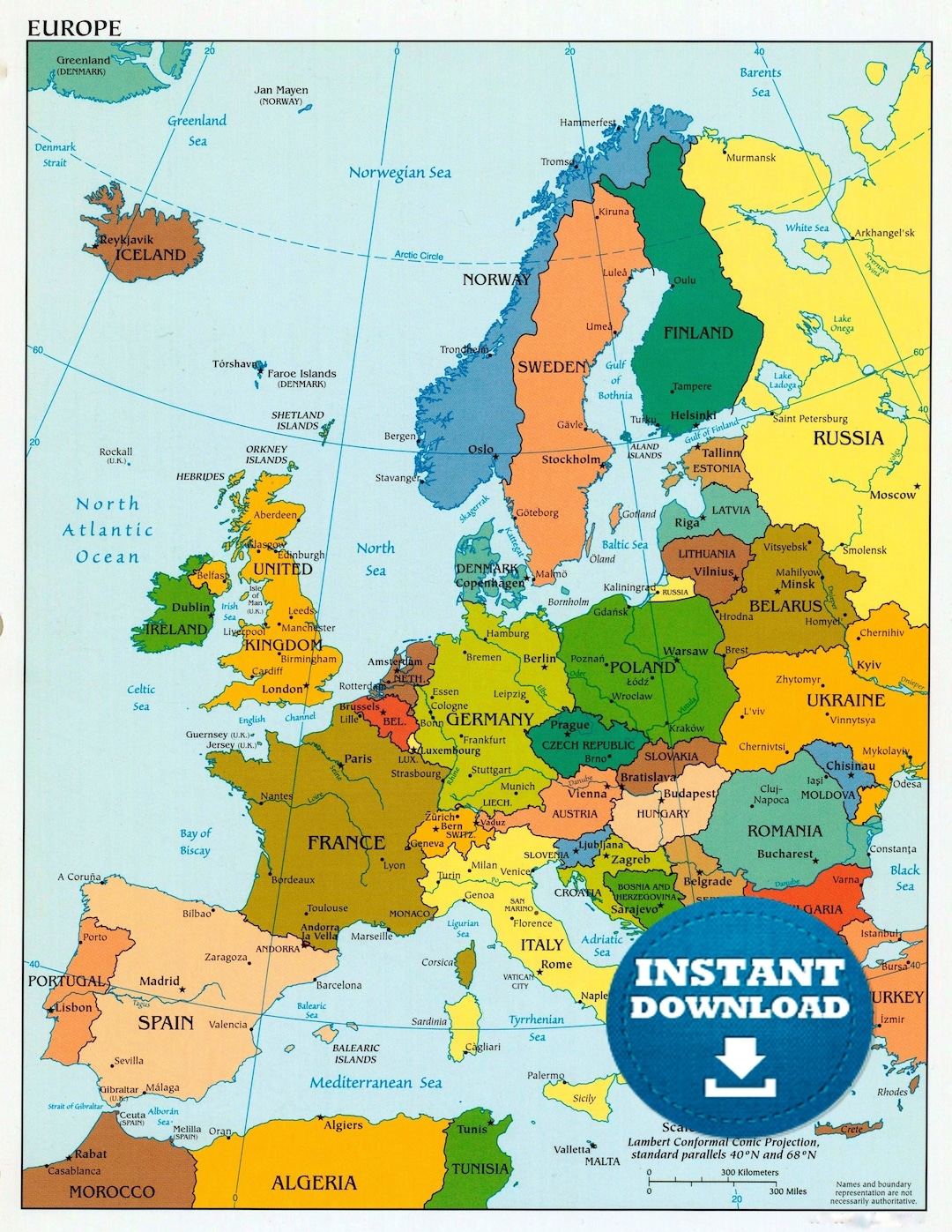 Digital Political Colorful Map Of Europe Printable Download Mapping Countries Of Europe Lively Political Map European Map Etsy Australia