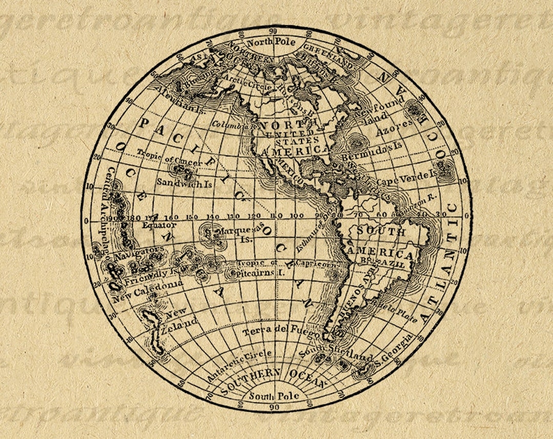 Digital Printable Antique Earth Globe Map Graphic Western Hemisphere Image Download For Iron On Transfers Pillows 300dpi No 3573 Etsy