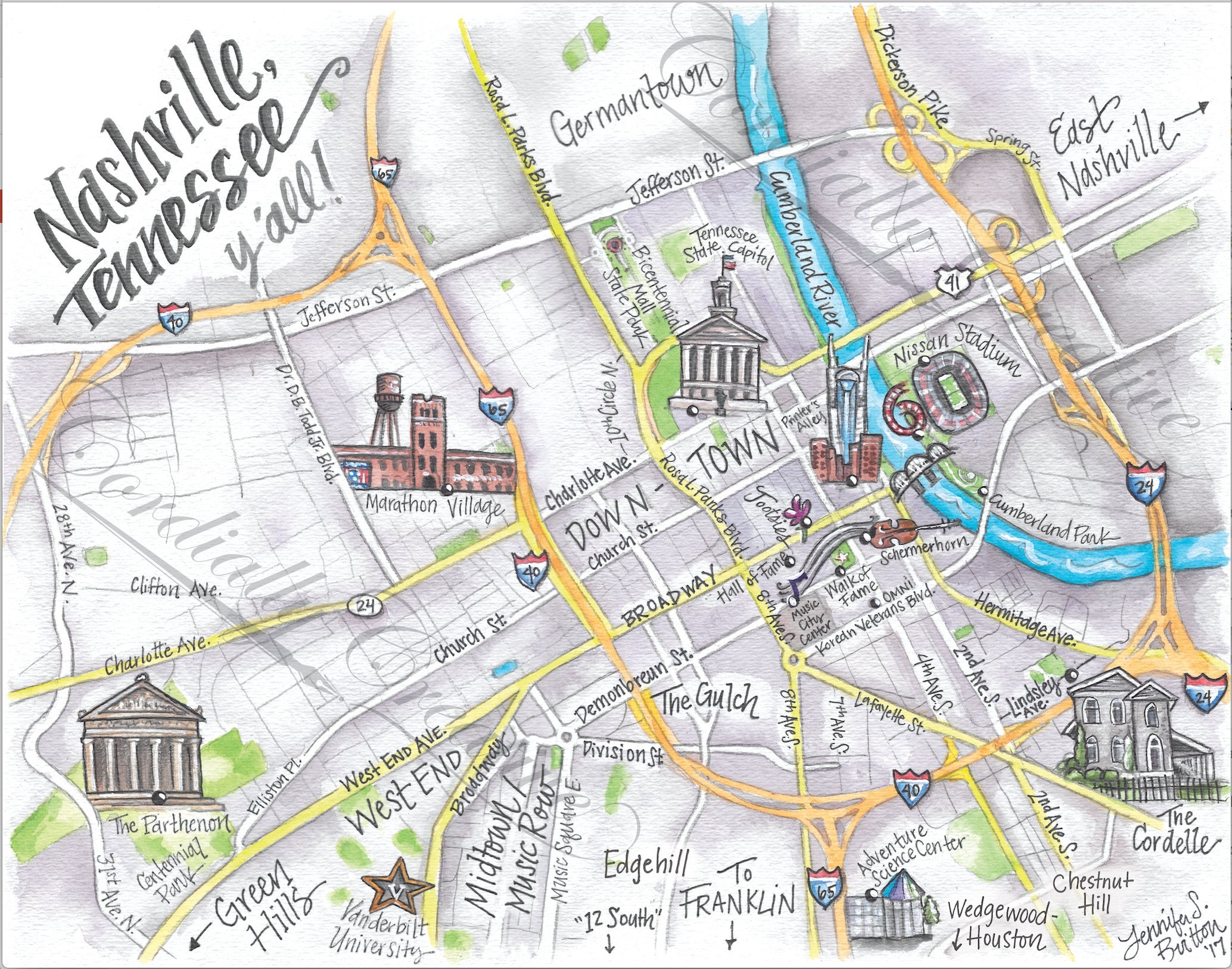 Downtown Nashville Map Watercolor Illustration Print Digitally 