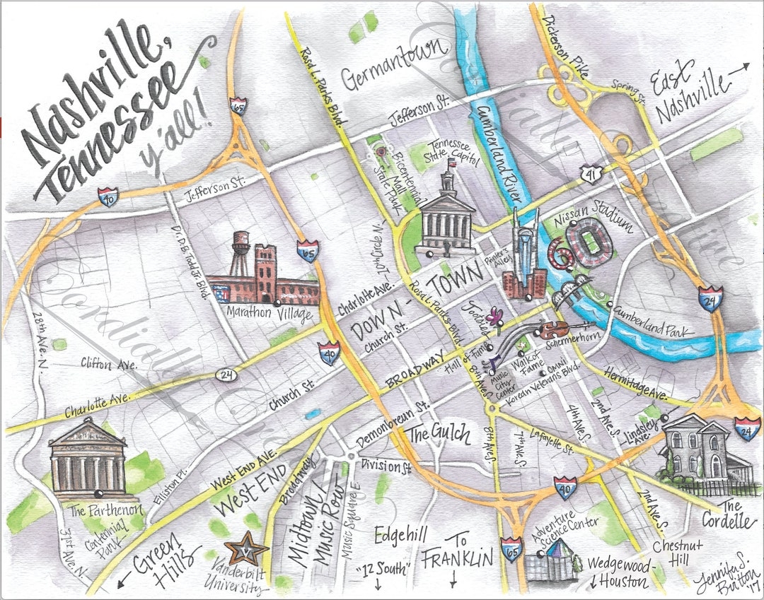 Downtown Nashville Map Watercolor Illustration Print Digitally Printed On White Linen Stock Hand Drawn Map Tennessee Etsy