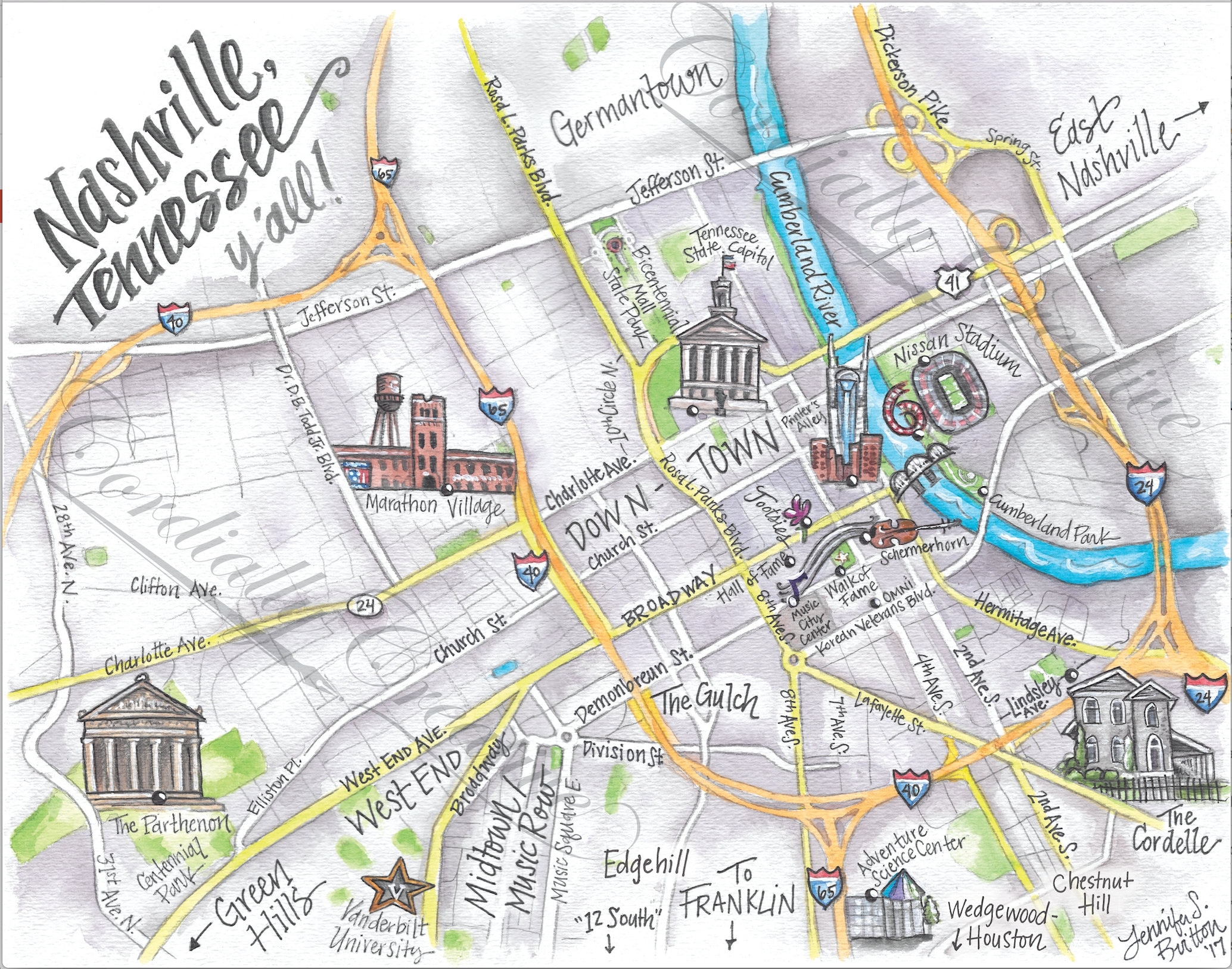 Downtown Nashville Map Watercolor Illustration Print Digitally 