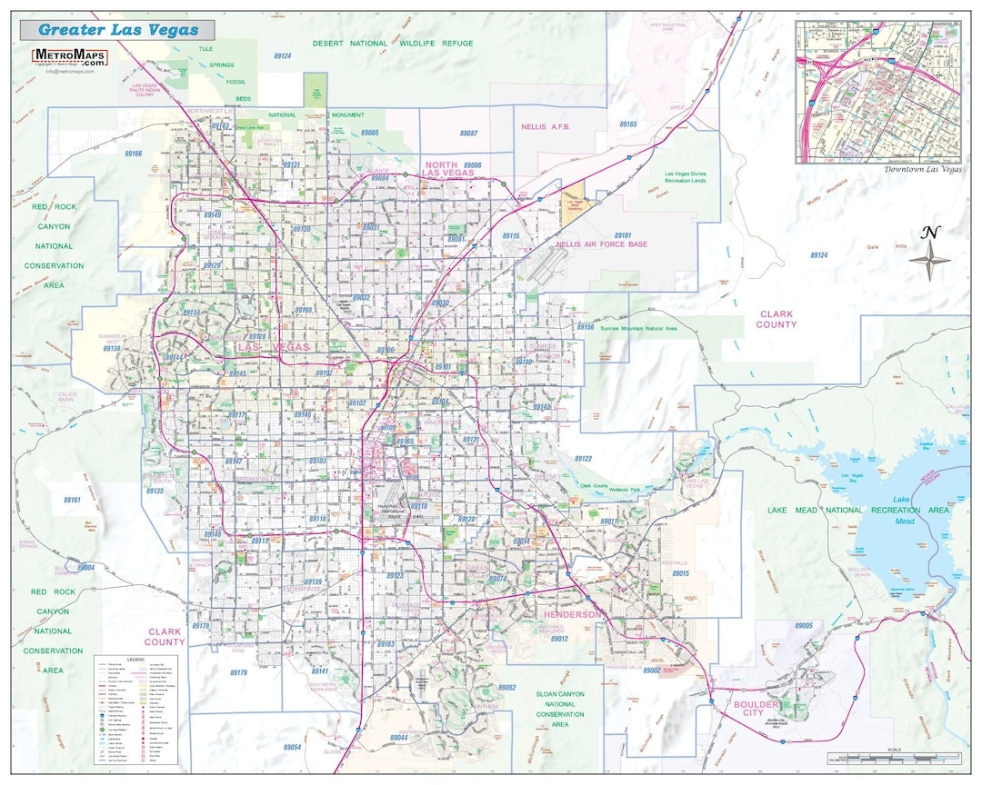 Greater Las Vegas NV Detailed Region Wall Map W zip Codes 2 Large Sizes Etsy
