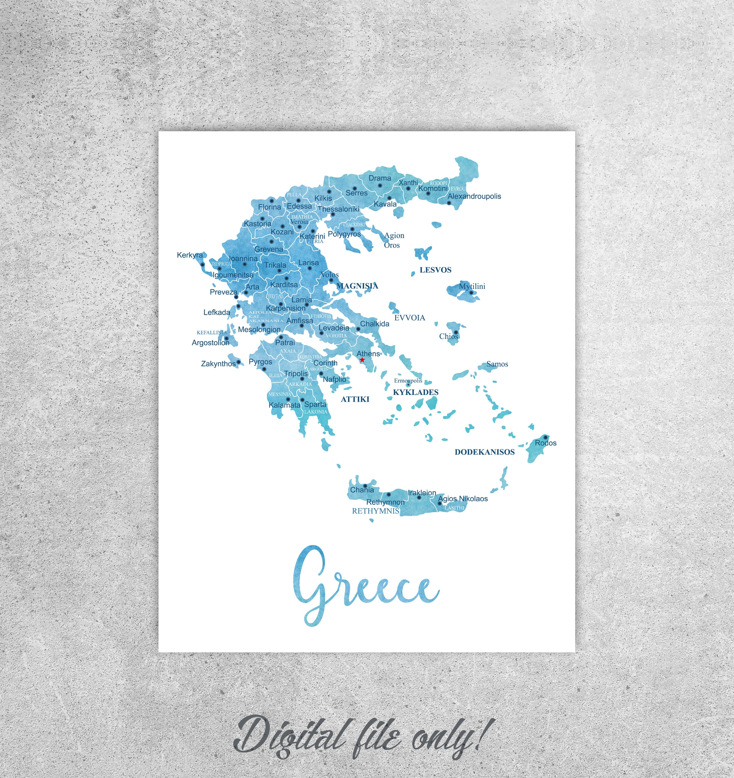 Greece Map Printable Greece Wall Art Wanderlust Gift Greece Print Large Wall Map Travel Decor Greek Cities Digital Downloadable Etsy