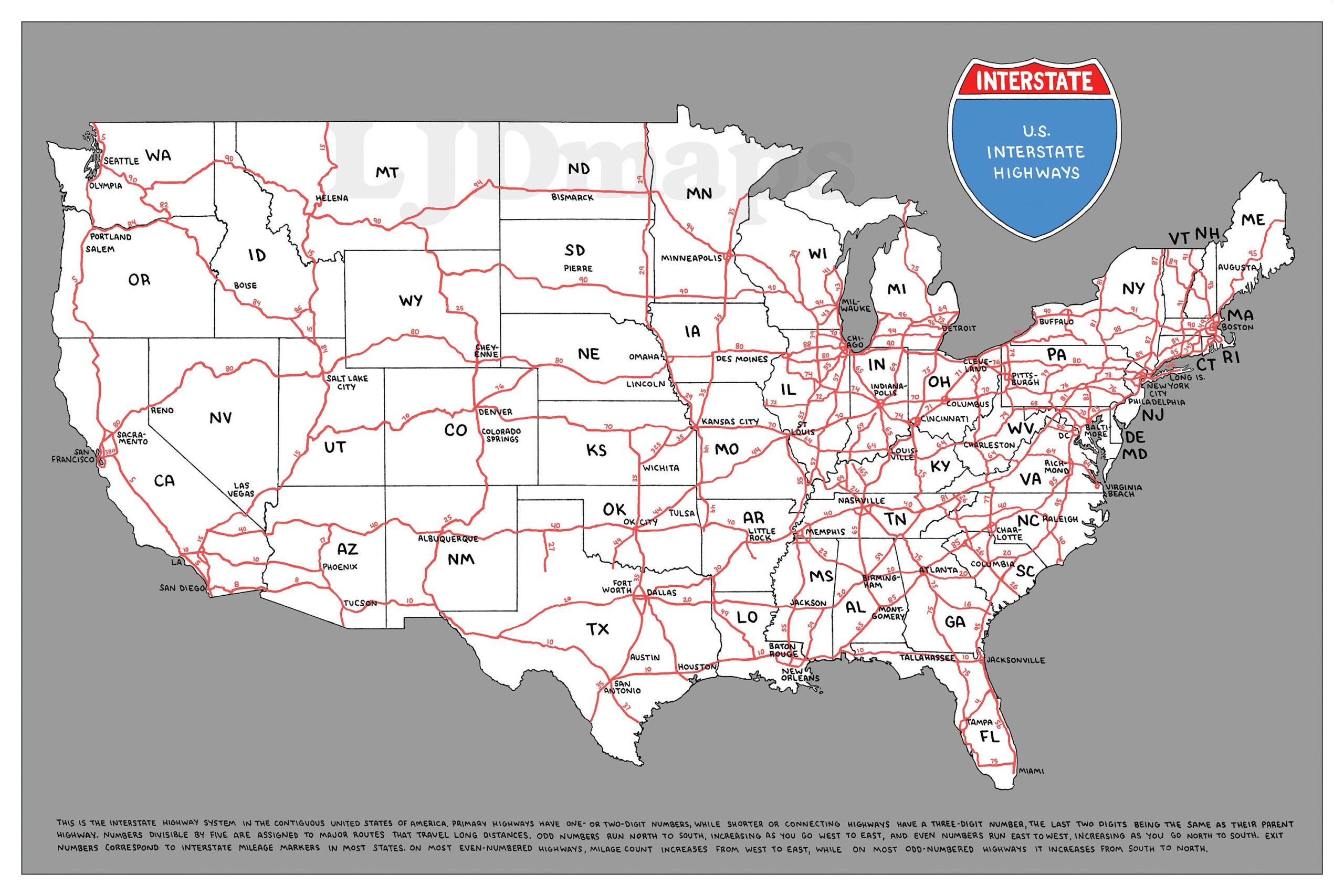 Hand drawn US Interstate Highway Map Digital Printable Download 