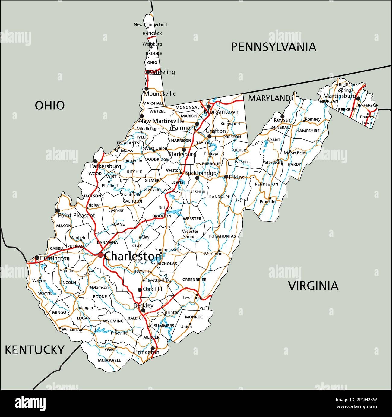 High Detailed West Virginia Road Map With Labeling Stock Vector Image U0026 Art Alamy