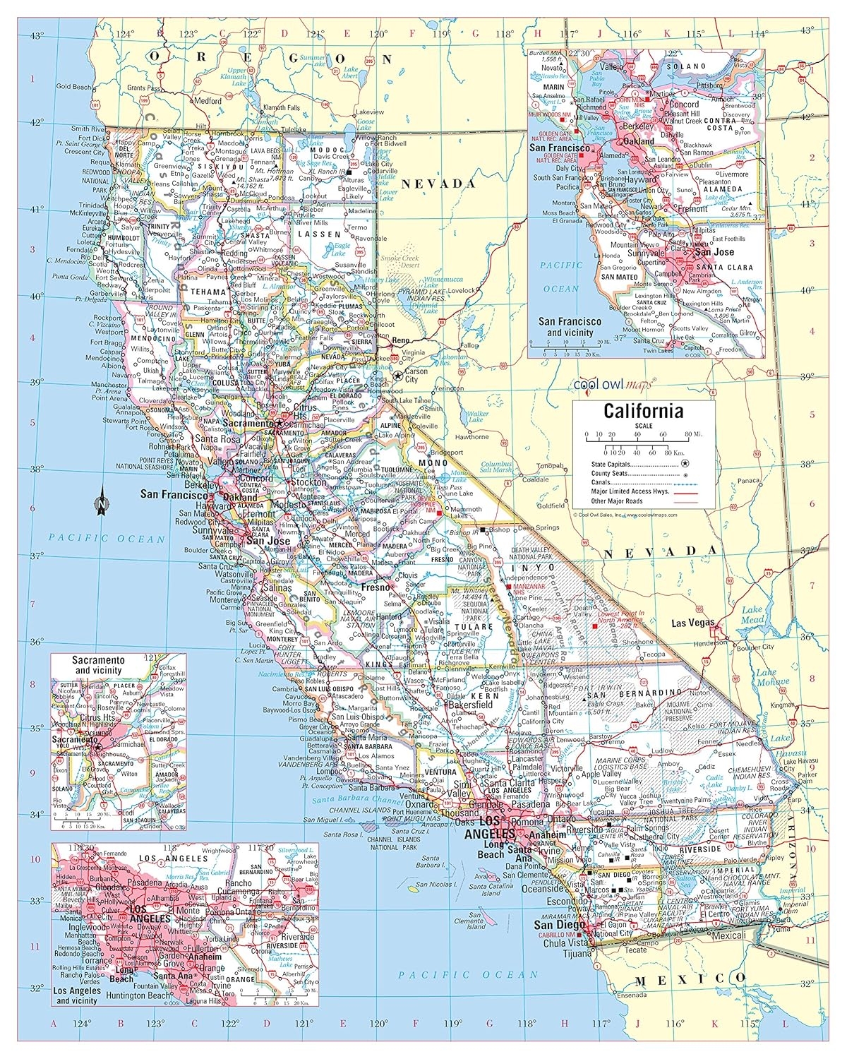 Large Print California State Wall Map Poster With Laminated Finish