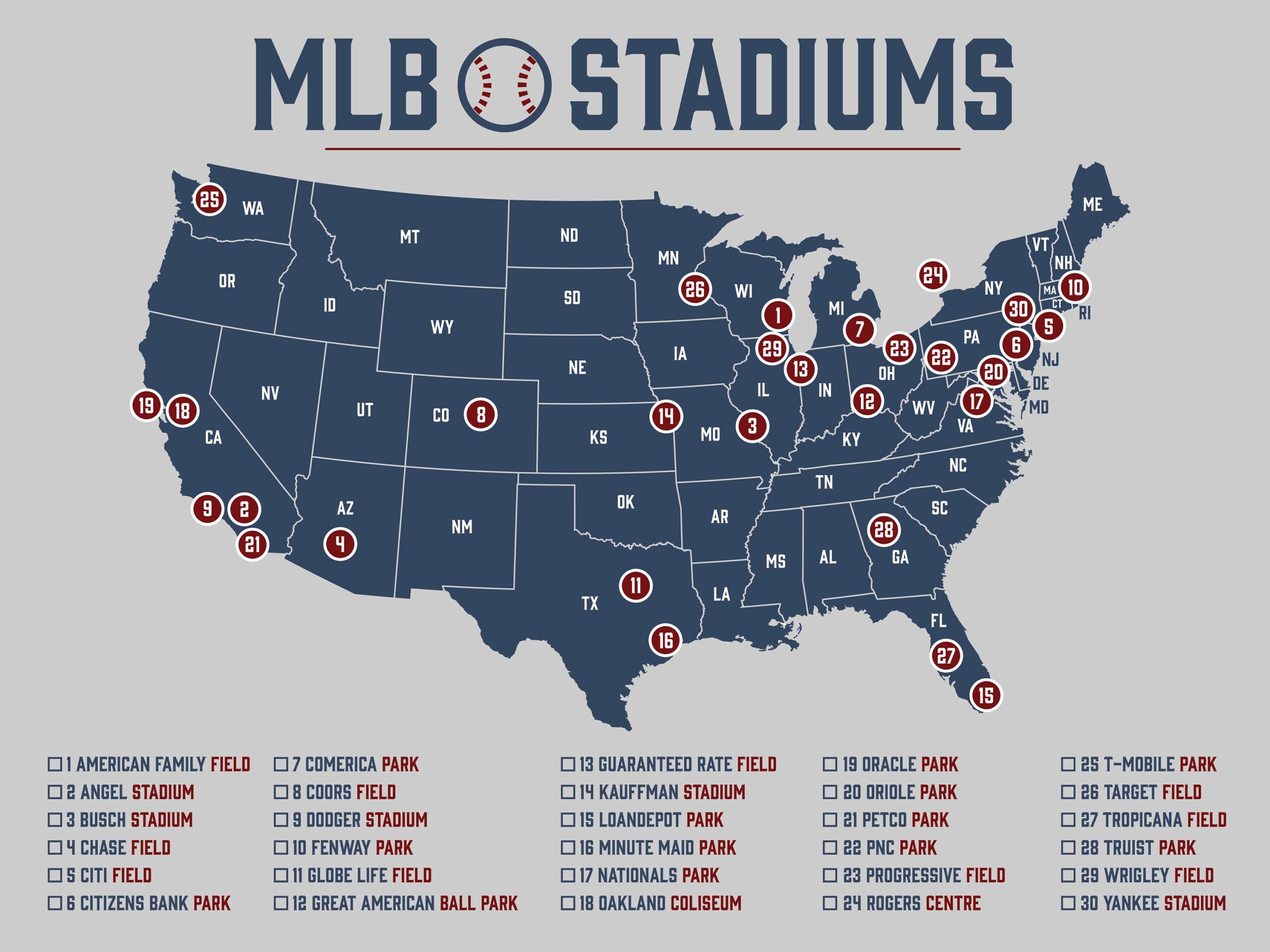 MLB Stadium Map Baseball Stadium Map Ballpark Map MLB Stadium Checklist Etsy