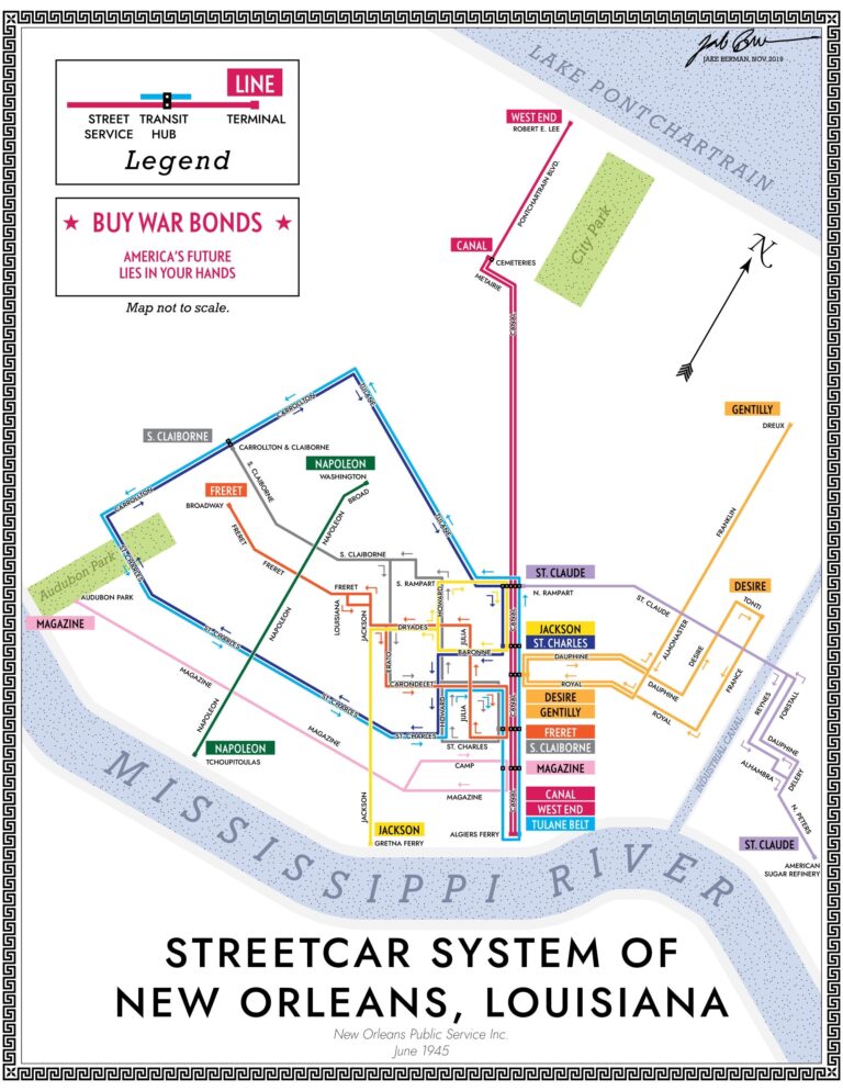 New Orleans Streetcar System Map Print 1945 Etsy