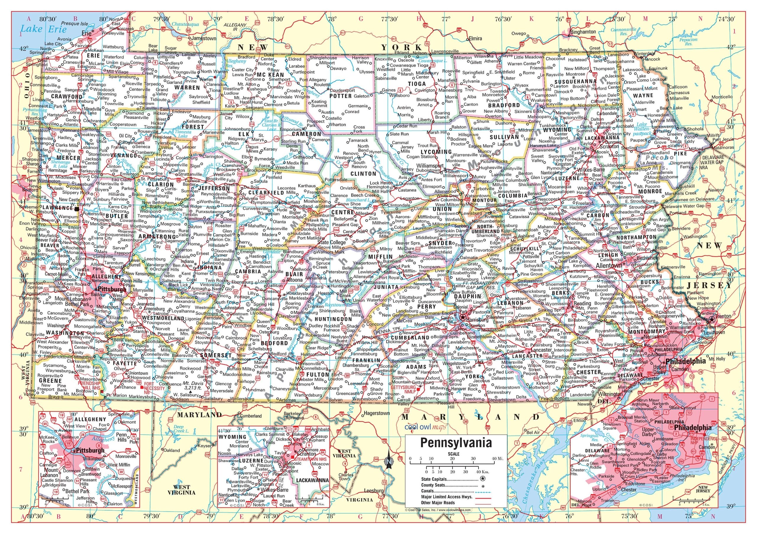 Pennsylvania State Wall Map Large Print Poster Etsy