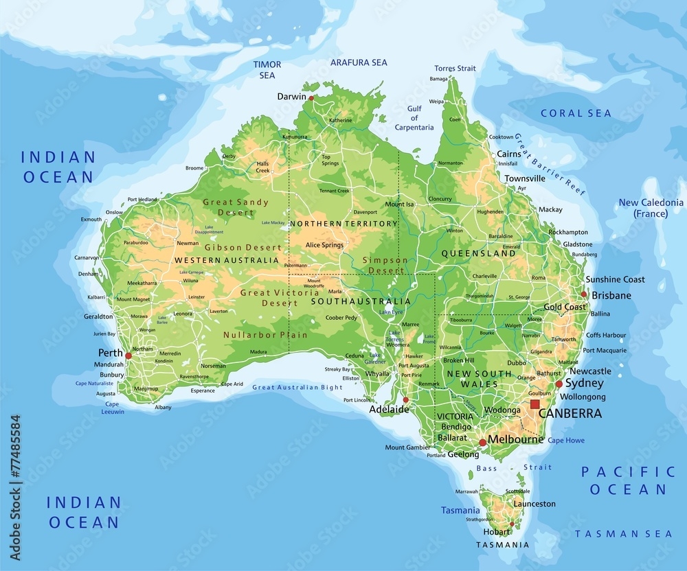 Poster Print High Detailed Australia Physical Map With Labeling 40x33 3 Cm