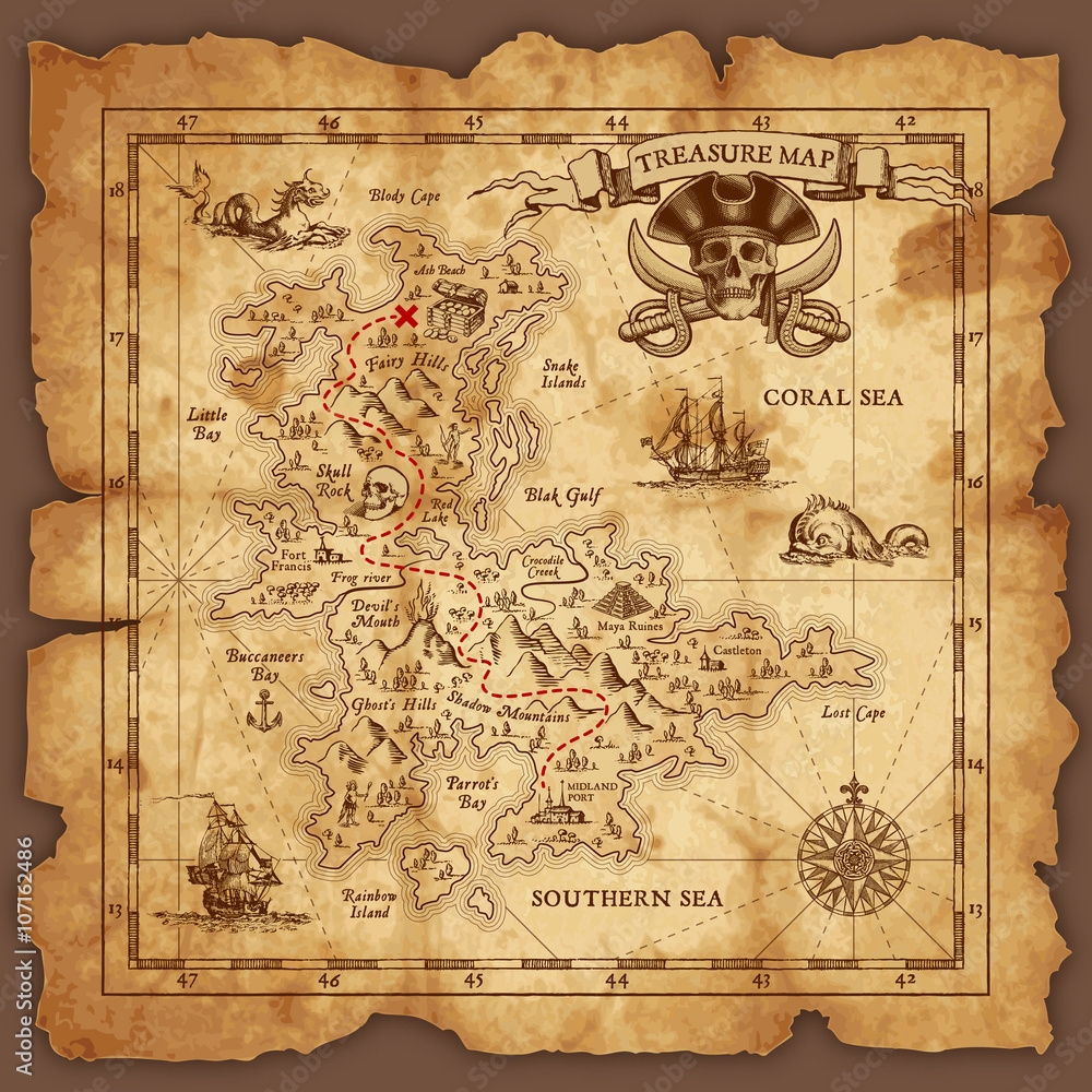 Poster Print Vector Pirate Treasure Map 40x40 Cm