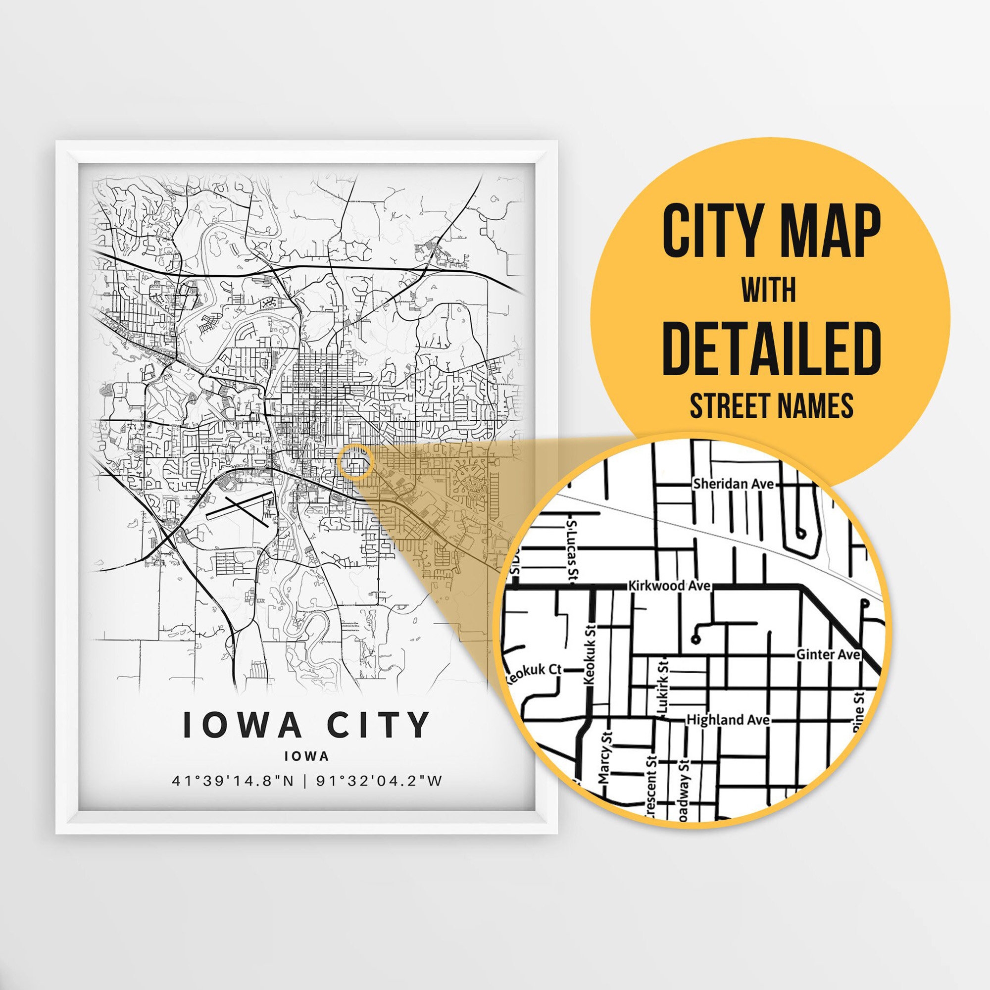 Printable Map Of Iowa City Iowa USA With Street Names Instant Download City Map Travel Gift City Poster Road Map Print Etsy