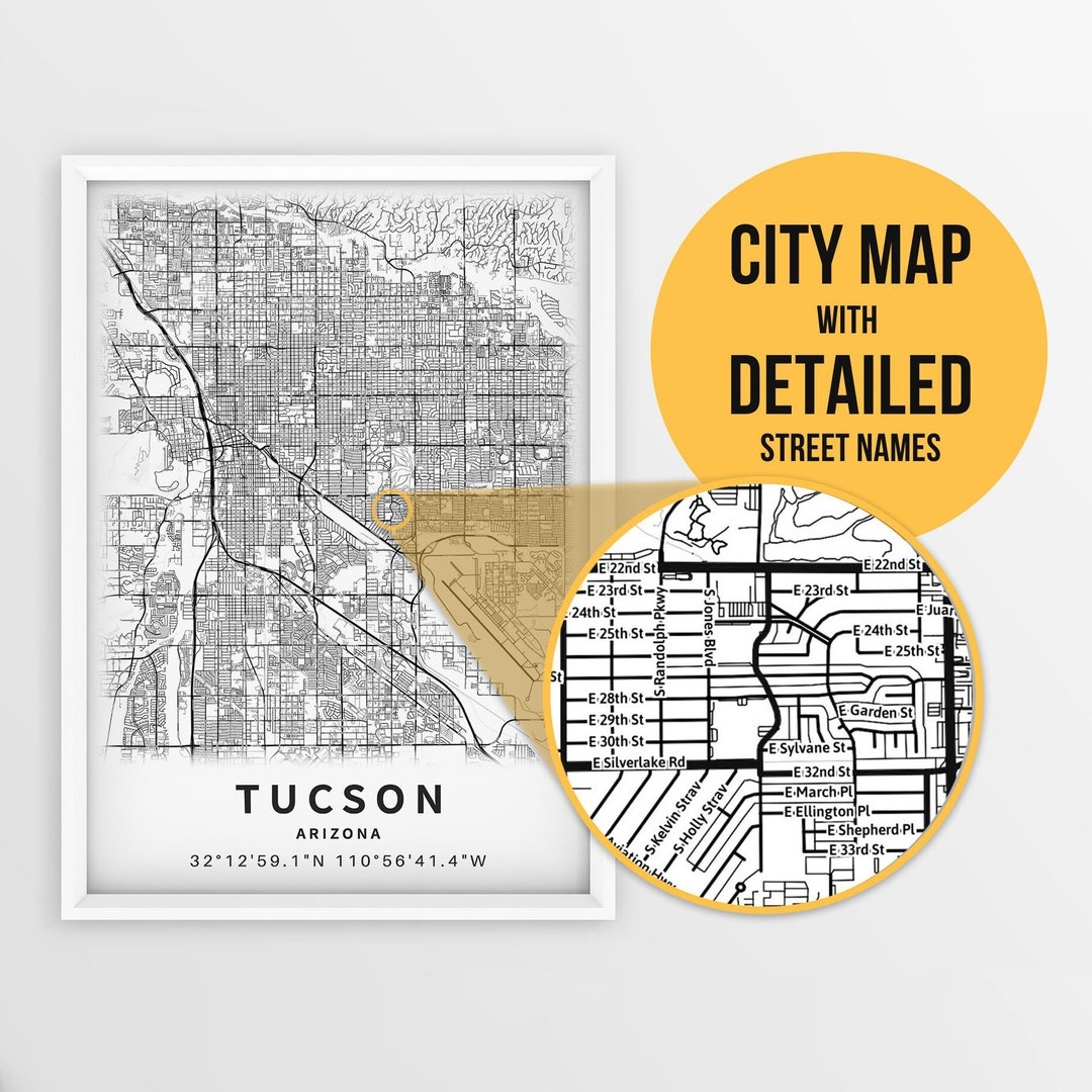 Printable Map Of Tucson Arizona USA With Street Names Instant Download City Map Travel Gift City Poster Road Map Print Map Art Etsy