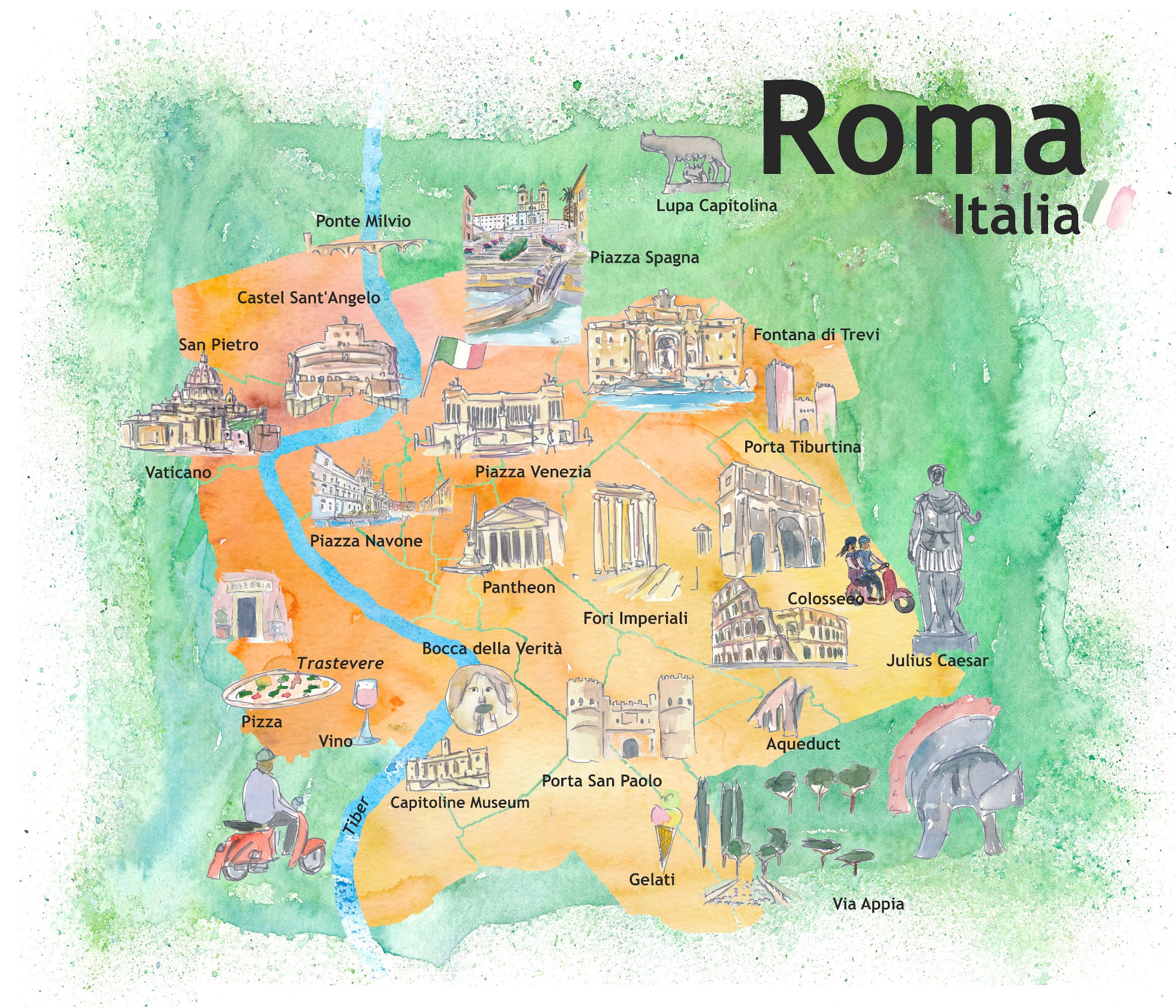 Rome Italy Illustrated Travel Poster Favorite Map Tourist 