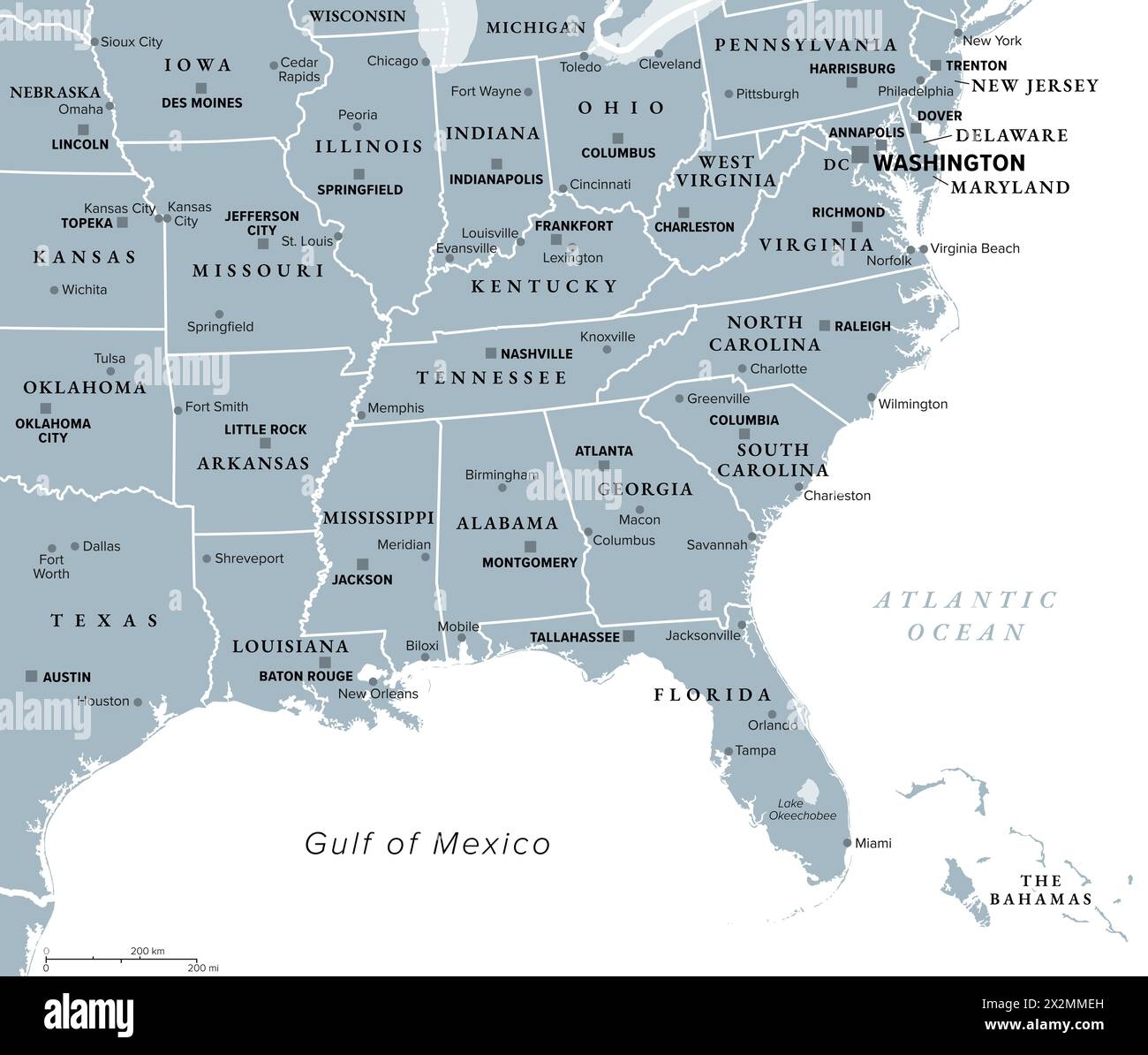 Southeast Region South Of The United States Gray Political Map 
