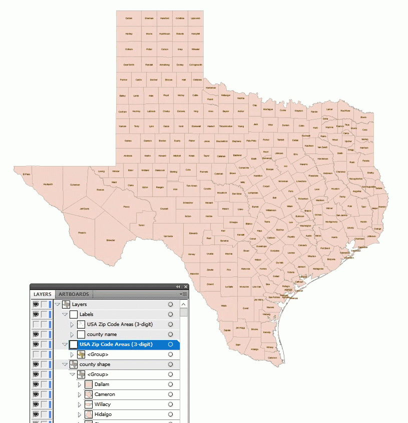 Texas 3 Digit Zip Code And County Vector Map Printable Vector Maps