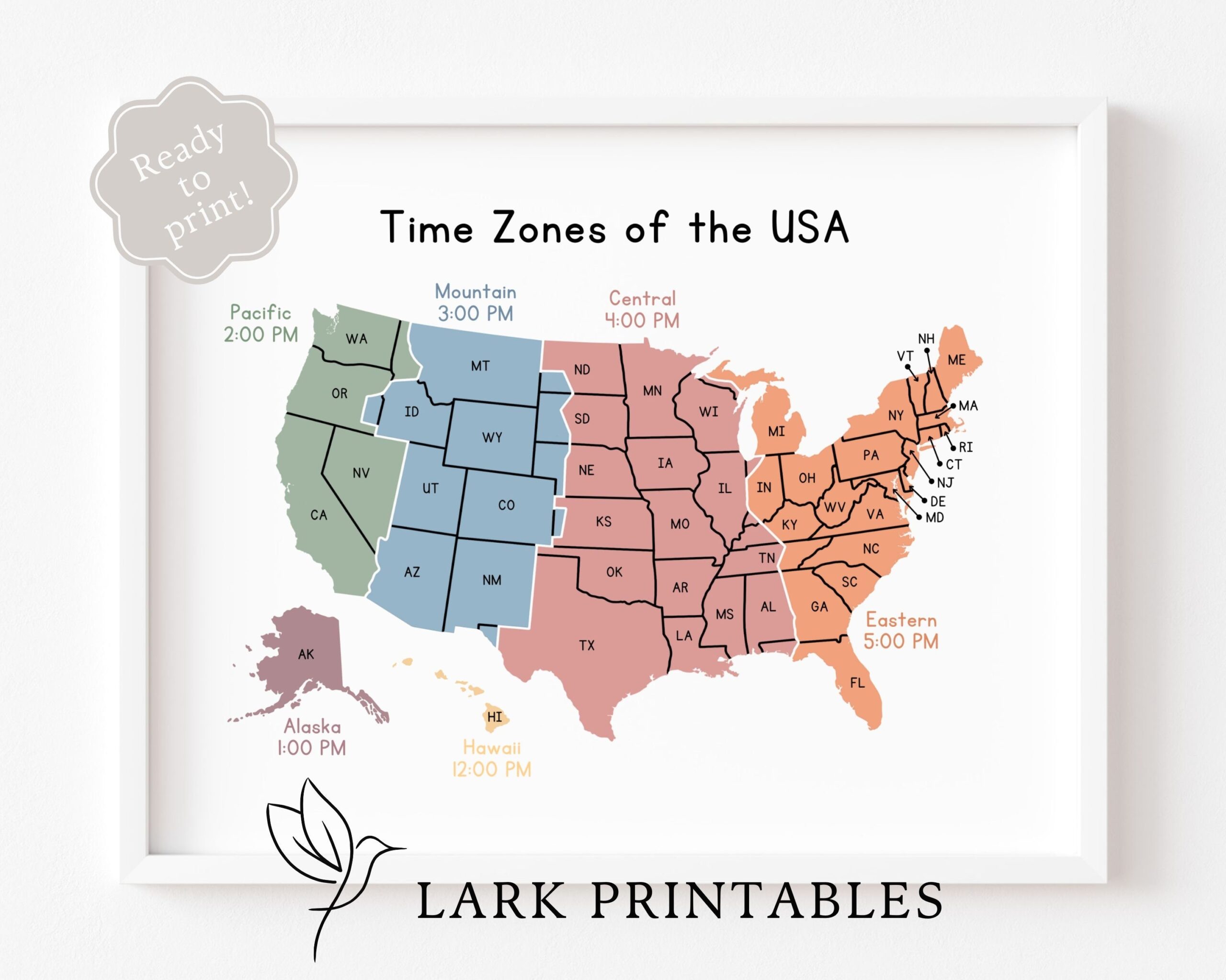 Time Zones Of The USA Map Educational Poster Printable Geography 