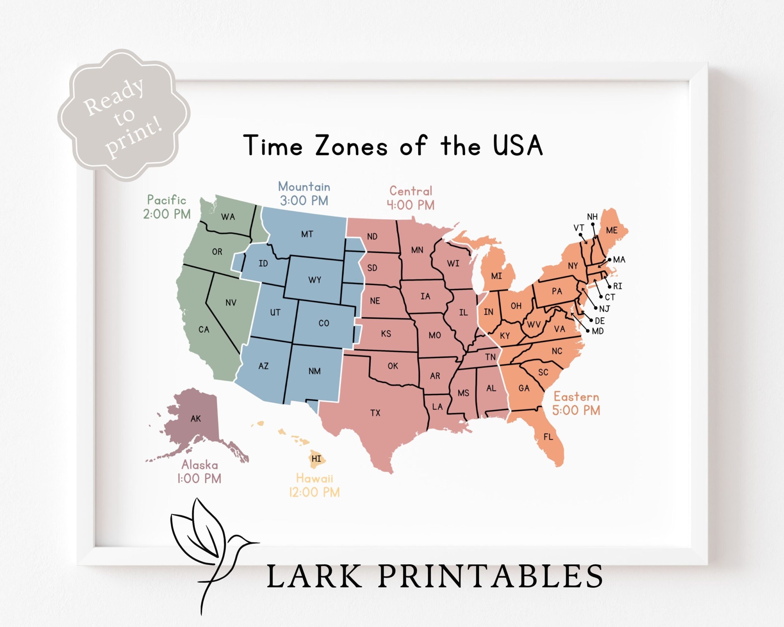 Time Zones Of The USA Map Educational Poster Printable Geography 