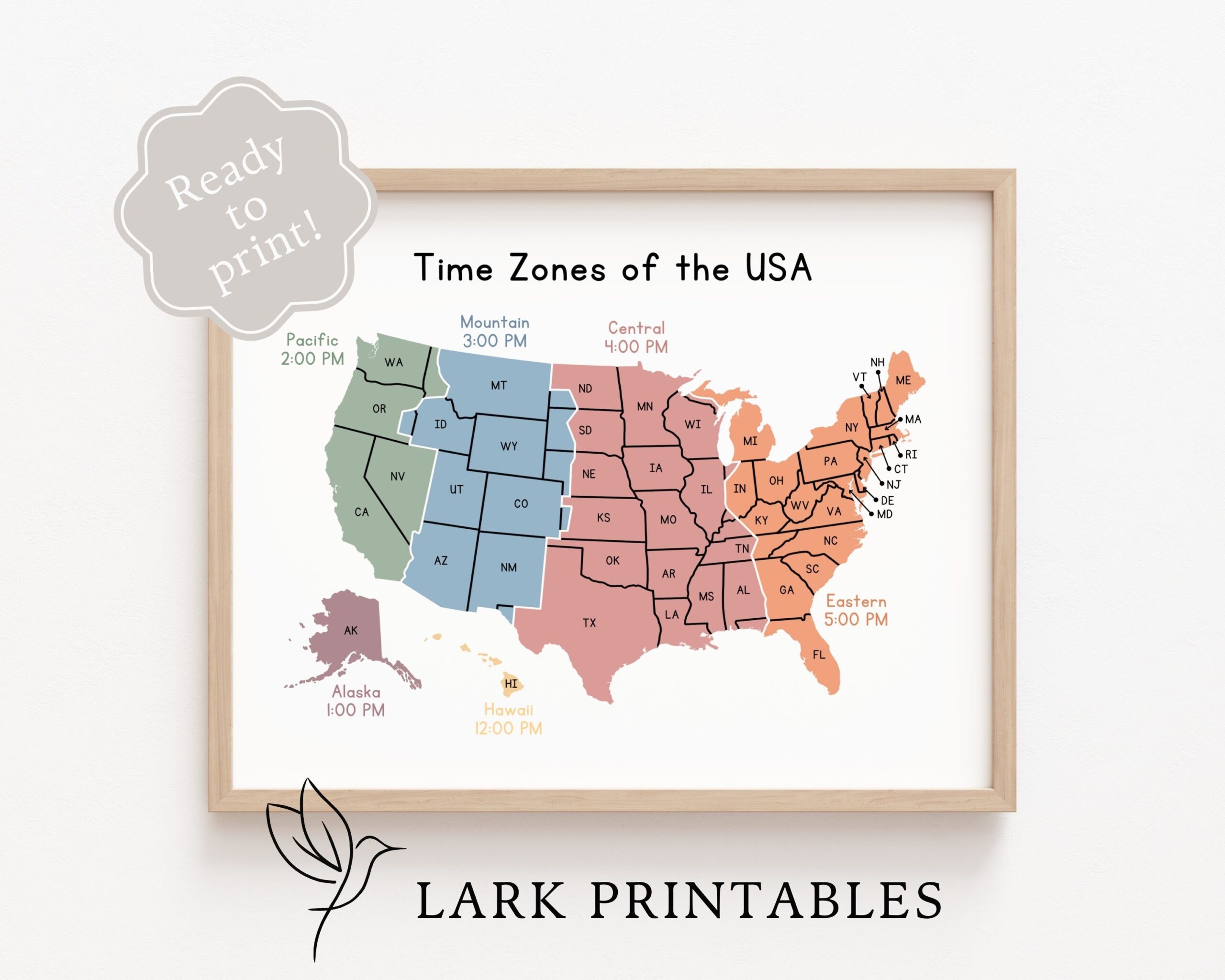 Time Zones Of The USA Map Educational Poster Printable 