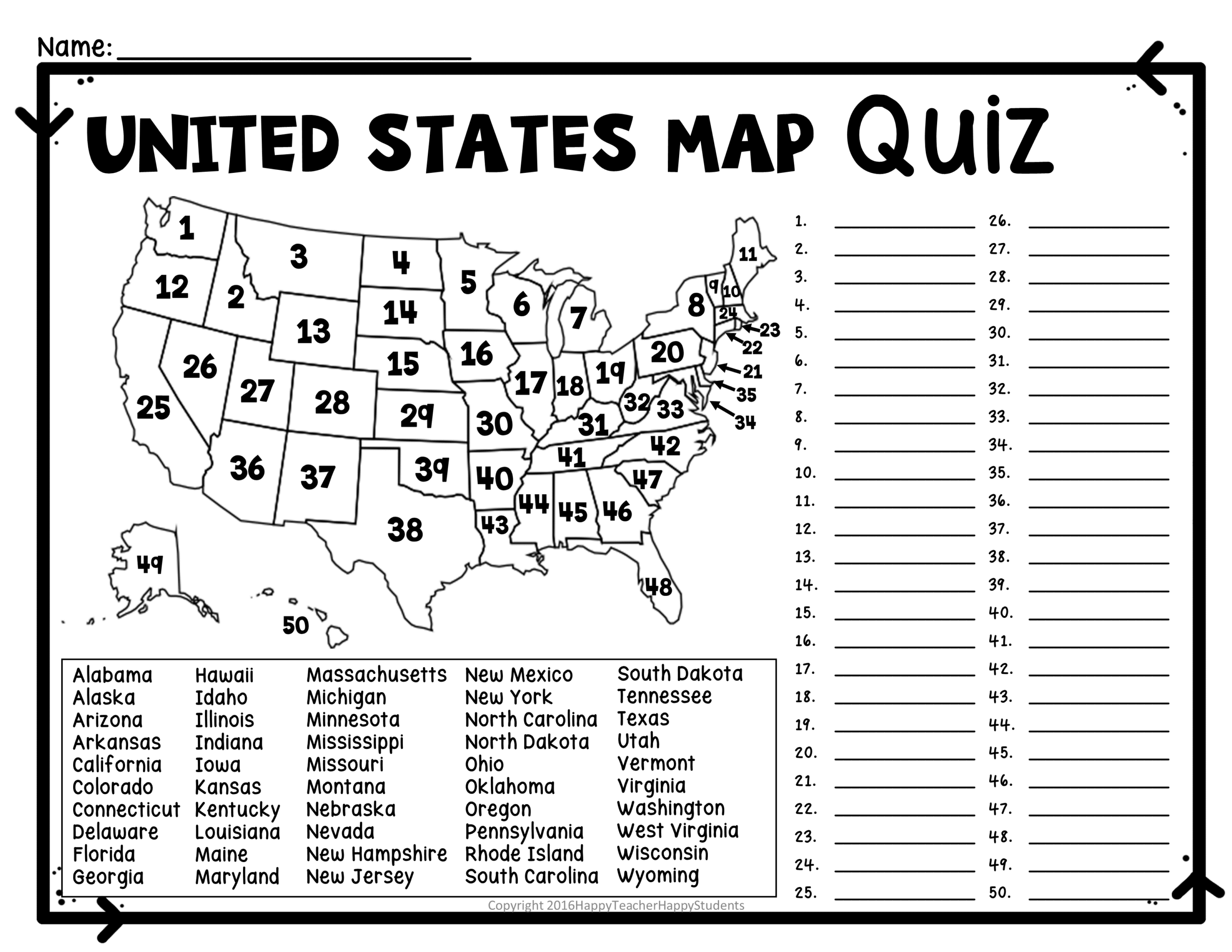 United States Map Quiz U0026 Worksheet USA Map Test W Practice Sheet US Map Quiz 