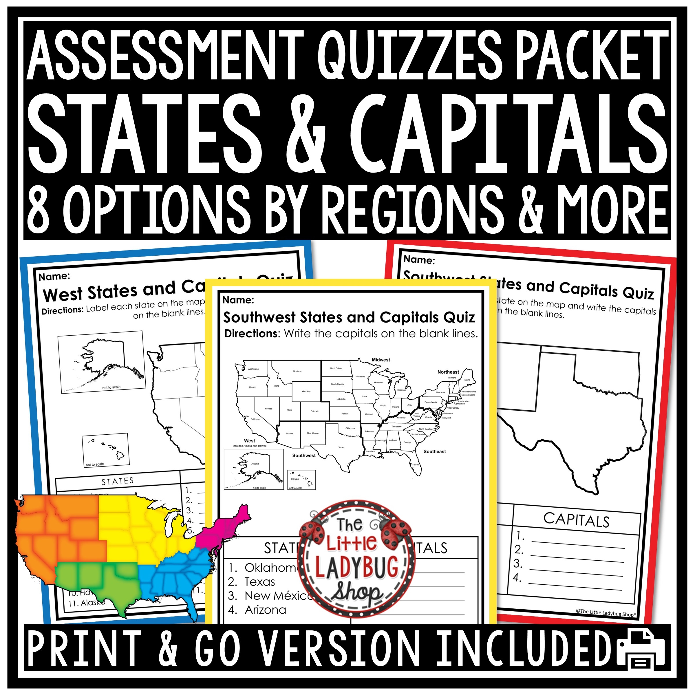 United States US 50 States And Capitals Quiz Test Worksheets The 