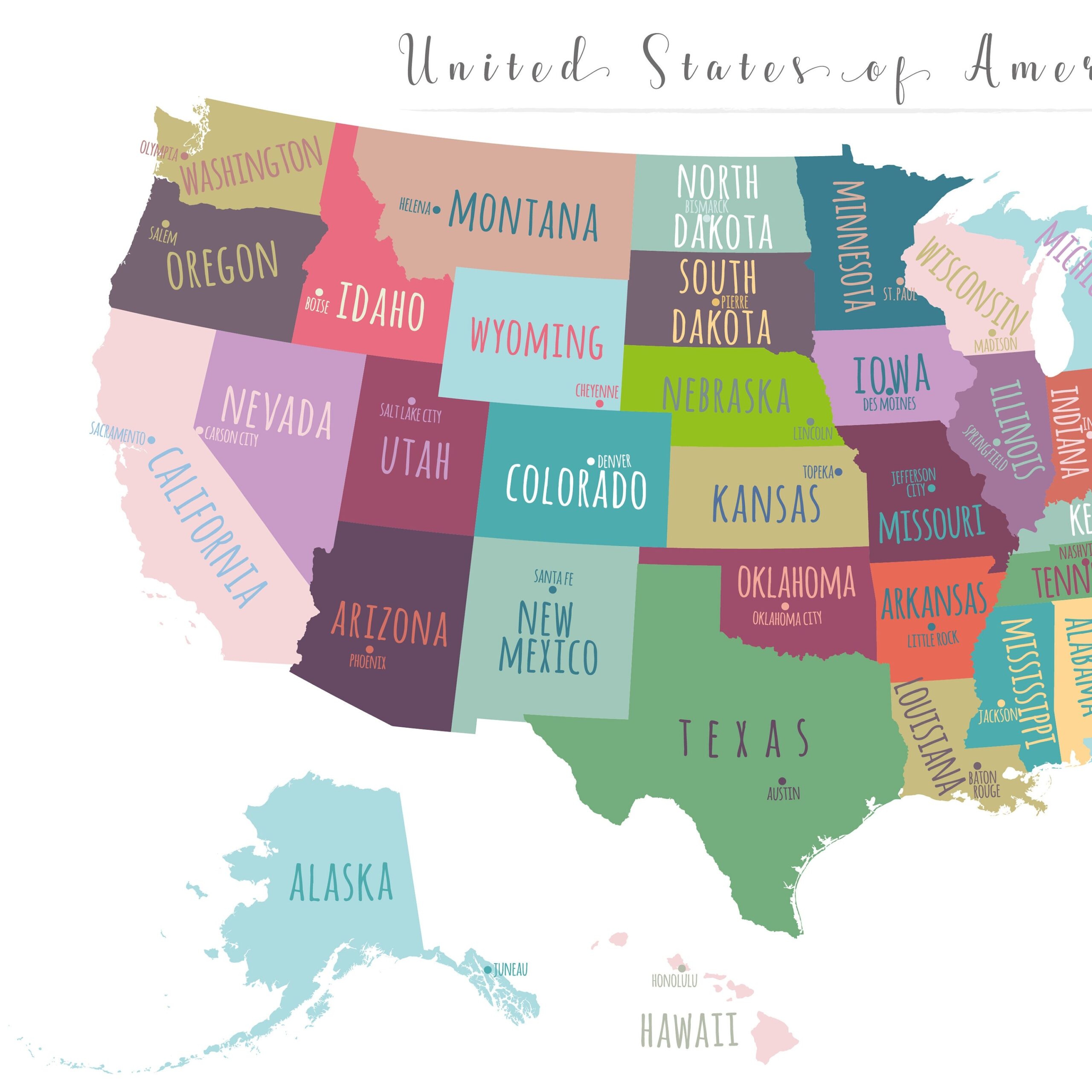 US Map Capitals Wall Art PRINTABLE United States Map Print Usa Worksheets Library