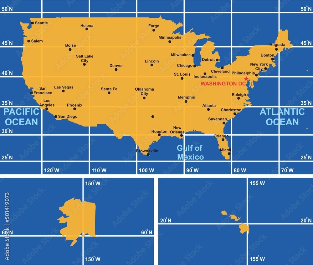 USA Map Infographic Diagram With All Surrounding Oceans Main 