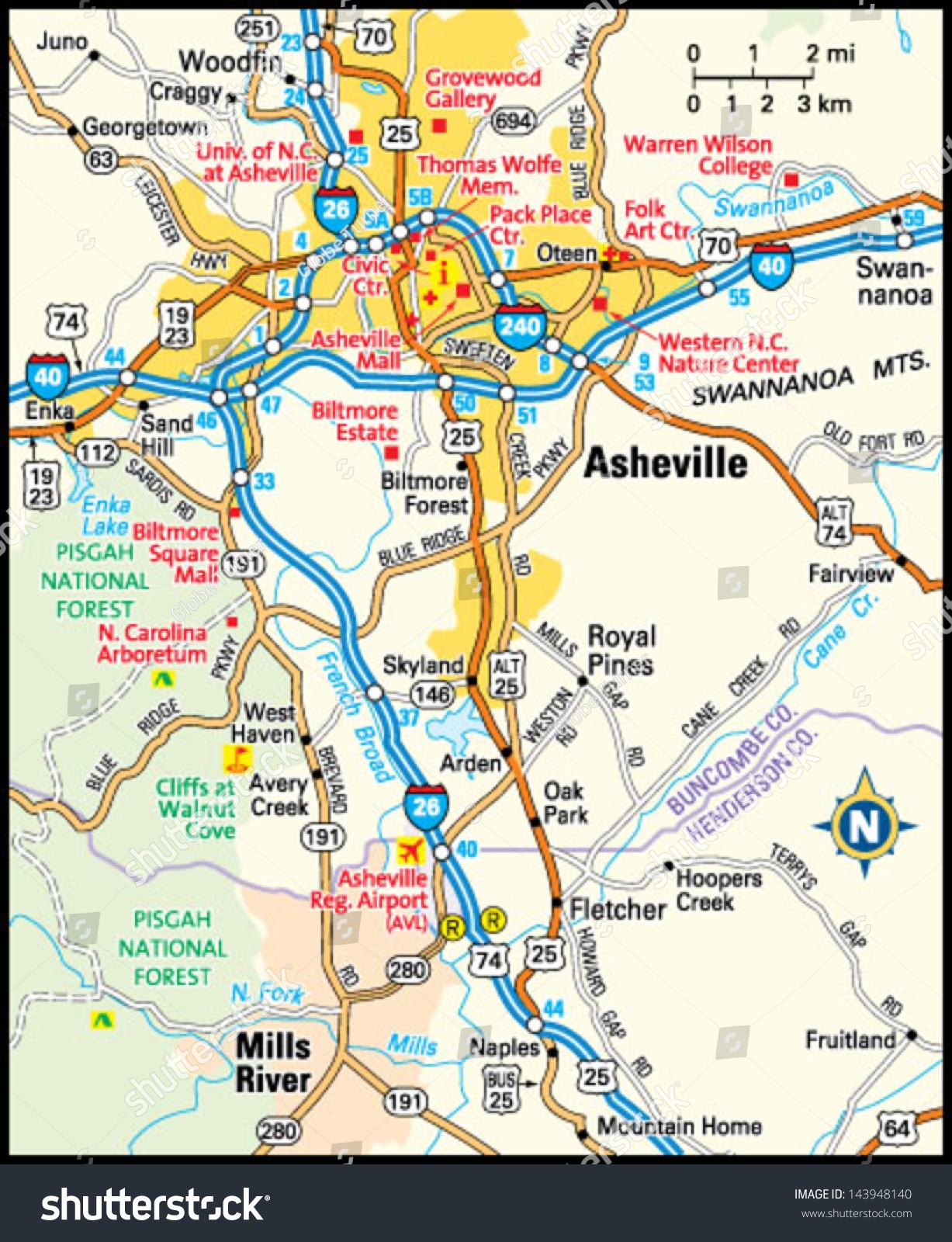Vektor Stok Asheville North Carolina Area Map Tanpa Royalti 143948140 Shutterstock