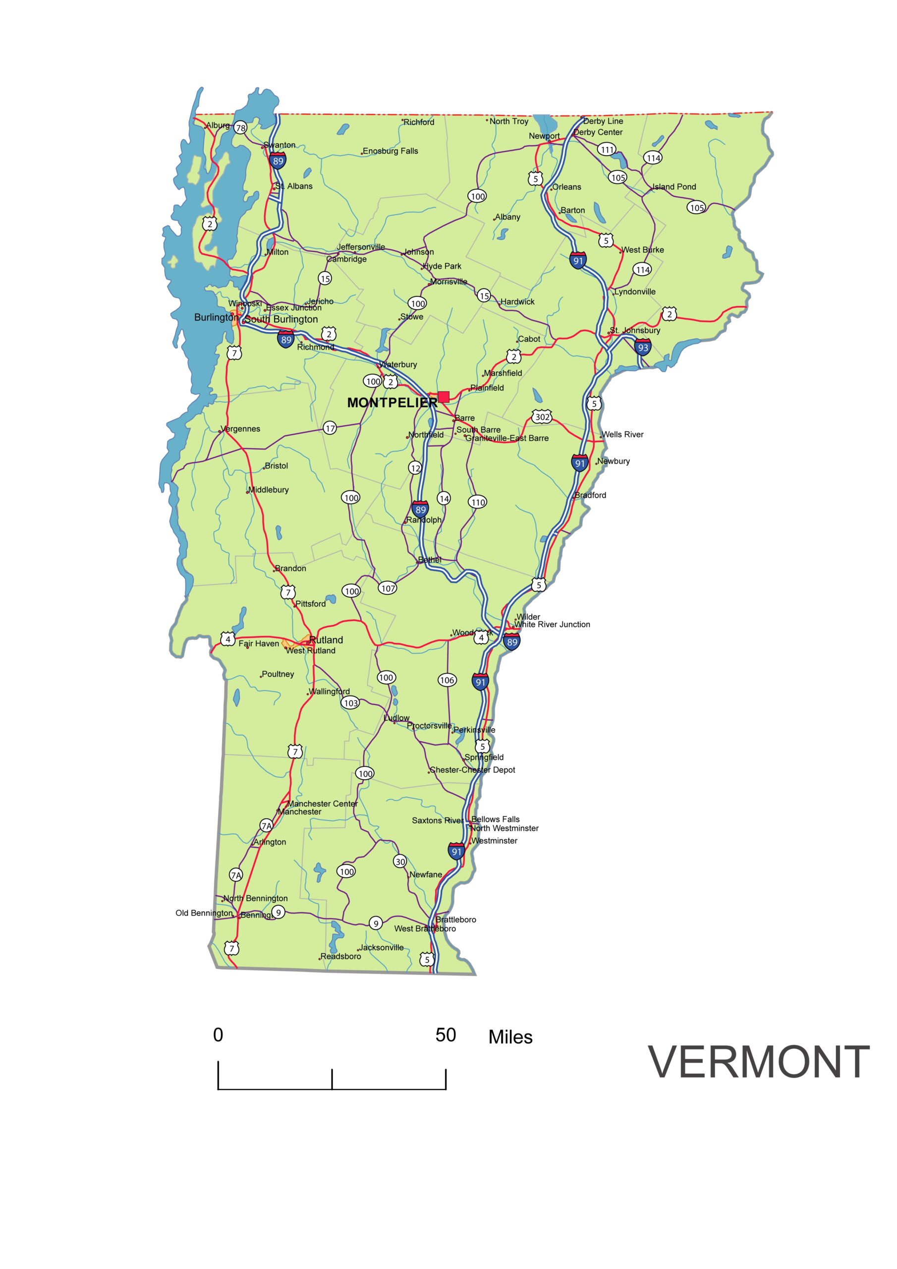 Vermont State Vector Road Map Printable Vector Maps